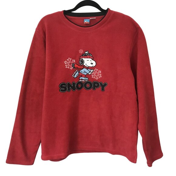 Peanuts Snoopy Skater Embroidered Red Fleece Pullover Sweatshirt XL Vintage Y2K - Picture 7 of 7